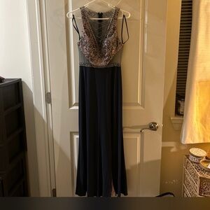 Elegant Navy and Silver Beaded Gown